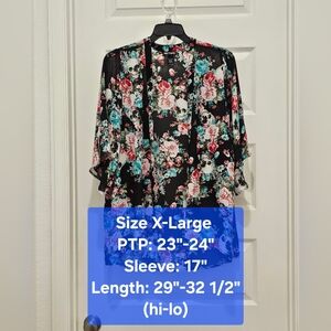 Hot Topic Floral Skull Print Hi-Lo Kimono Cardigan, EUC, Size X-Large